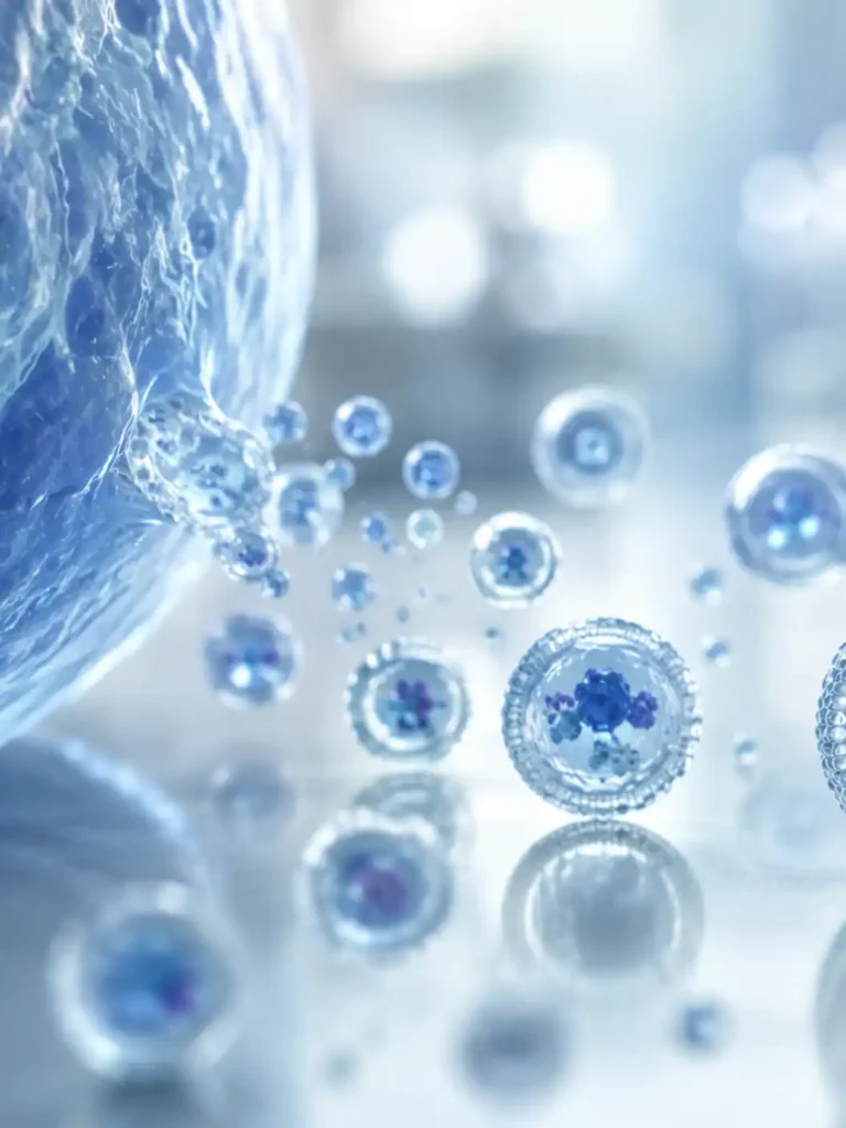 A 3D microscopic illustration showing a large, textured blue cellular structure on the left releasing smaller, transparent, bubble-like vesicles. The floating vesicles contain complex dark blue cores, set against a softly lit, out-of-focus light blue background