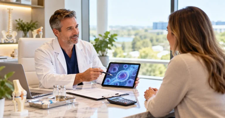 Doctor discussing stem cell therapy costs with a patient in Alpharetta, GA, using a tablet displaying stem cells during a medical consultation.