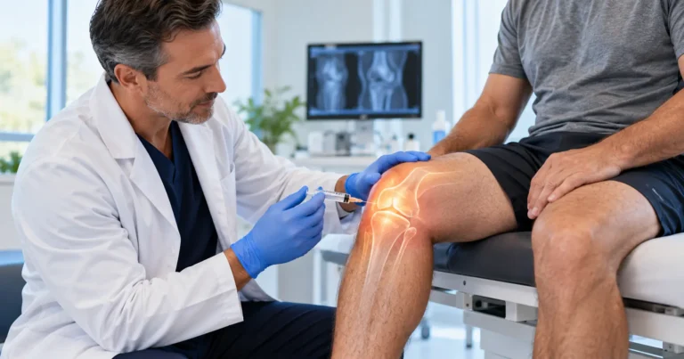 Doctor administering a non-surgical knee injection to a patient in a medical clinic, illustrating stem cell therapy for knee pain with a highlighted knee joint.
