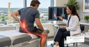 Doctor discussing stem cell treatment options for back pain and sciatica with a patient in Alpharetta, GA, highlighting the lower spine and sciatic nerve.