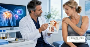 Doctor explaining stem cell therapy for shoulder repair to a patient in Alpharetta, GA, using an anatomical shoulder model in a modern medical clinic.