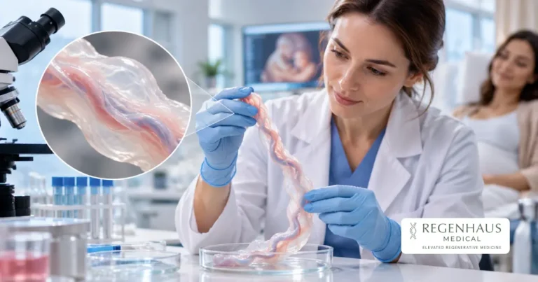 Medical researcher examining umbilical cord tissue and Wharton's jelly in a laboratory to study umbilical cord stem cell therapy.
